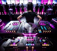 a woman is djing in front of a crowd of people